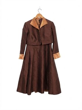 Vintage Craig Signer Silk Blend Designer 2-Piece Dress & Jacket Suit Brown